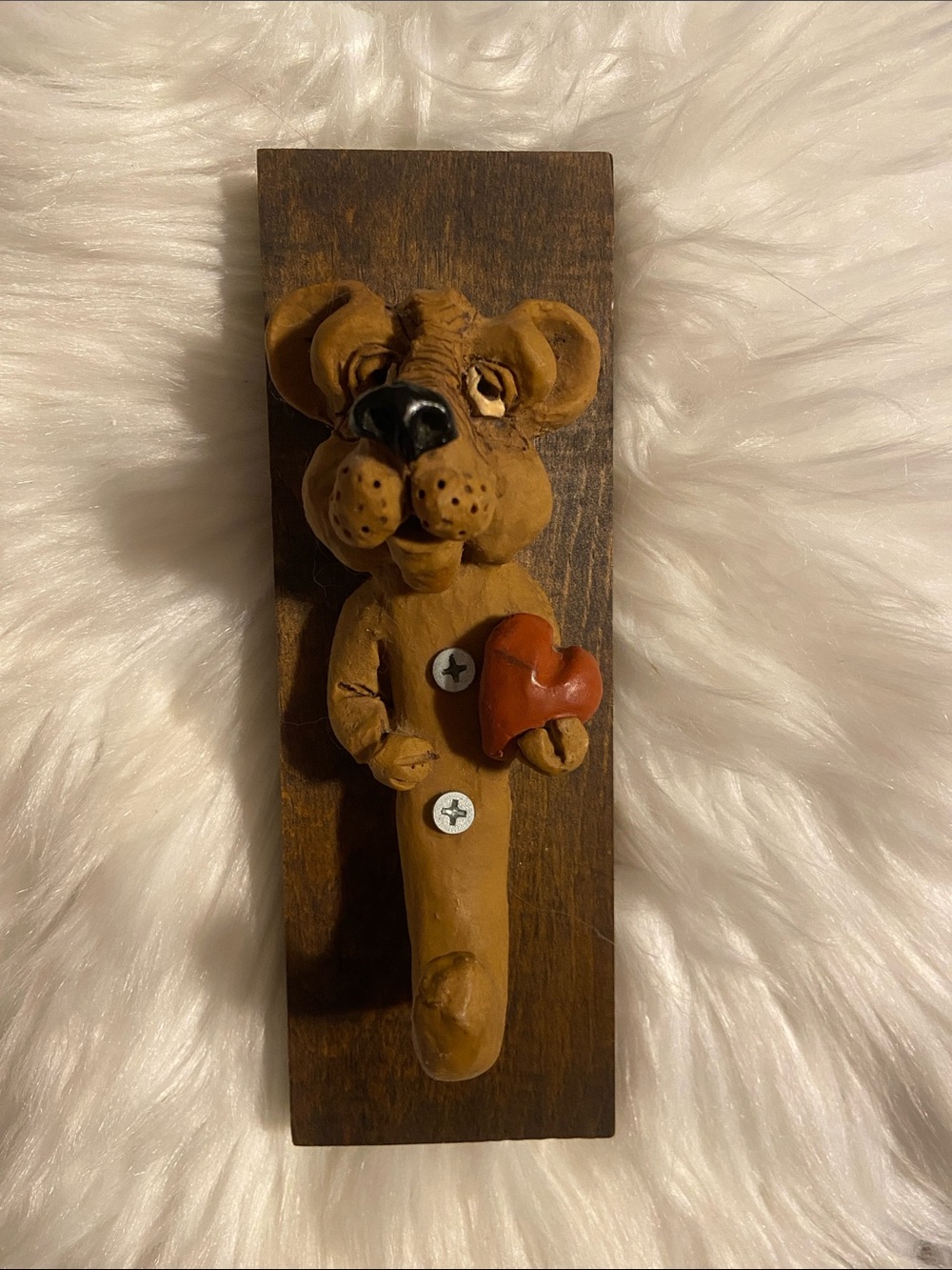 Vintage Hand Carved Wood & Clay Dog Wall Hook Plaque Holding Heart